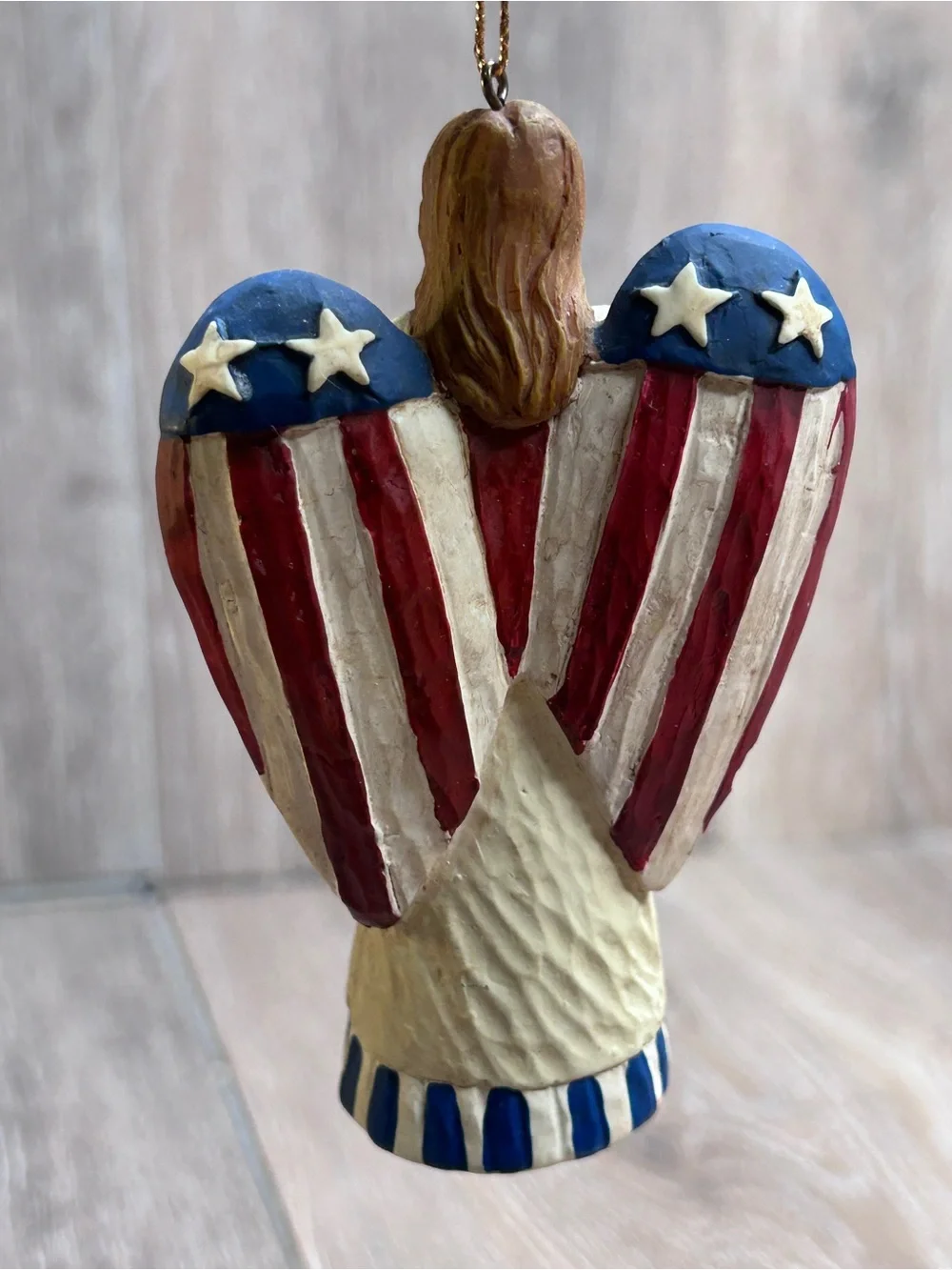 Patriotic Americana Angel Ornament American Flag Wings Faux Wood Carved 4